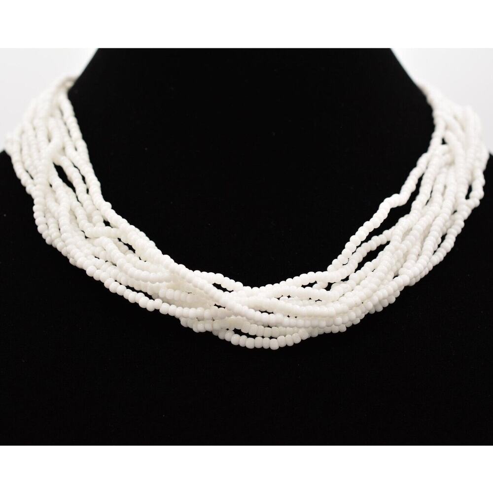 Trifari Vintage Beaded Necklace Pure White Layered Gold Tone Signed 1980s Bin1D